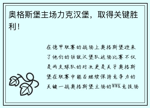 奥格斯堡主场力克汉堡，取得关键胜利！