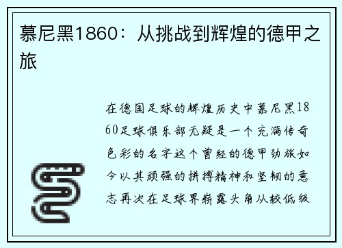 慕尼黑1860：从挑战到辉煌的德甲之旅